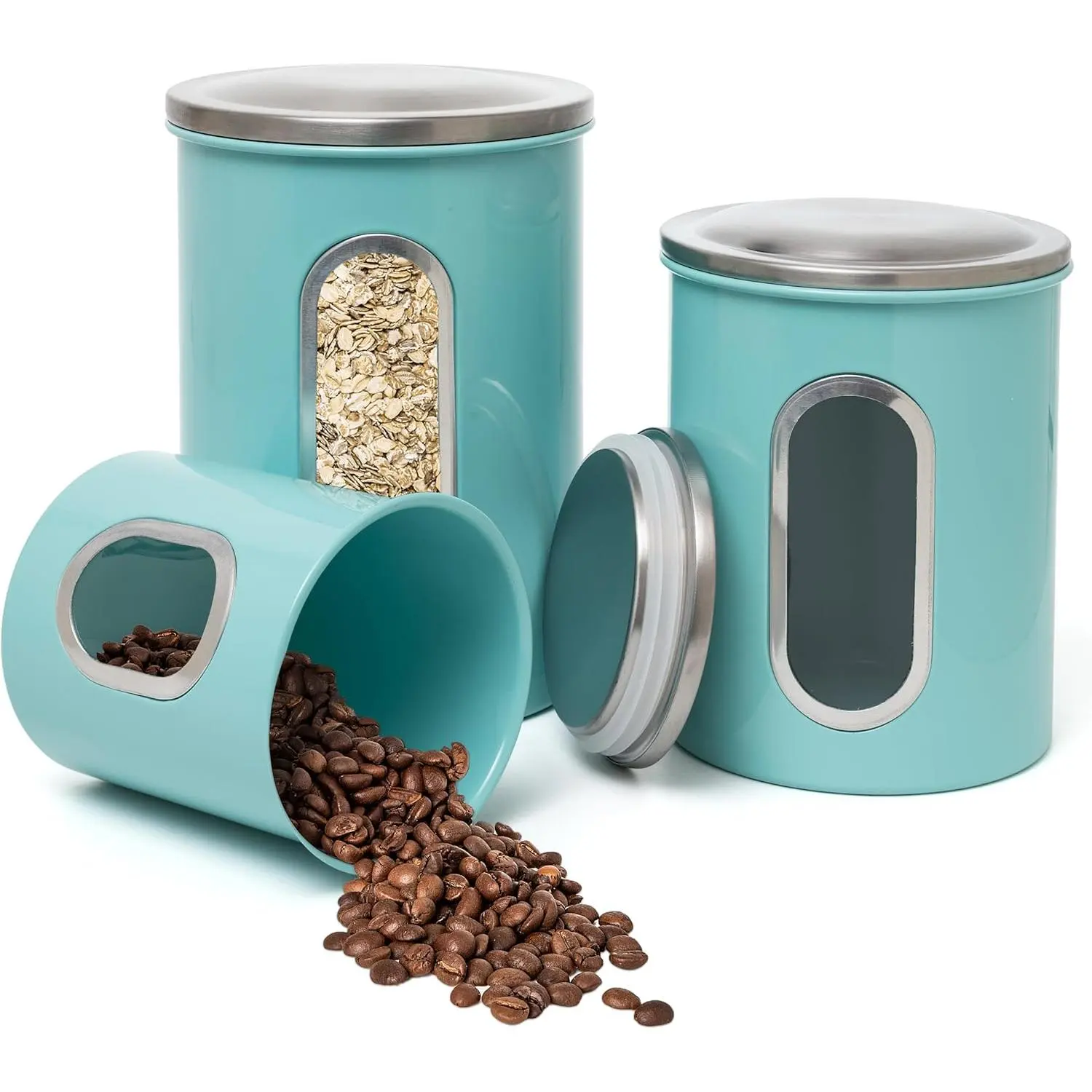 3-Pcs  Blue Canisters Set for Kitchen Storage Airtight Jars | See-through window, coffee container,  organizer, sugar canister, 3 nesting sizes, counter decor, easy press-
