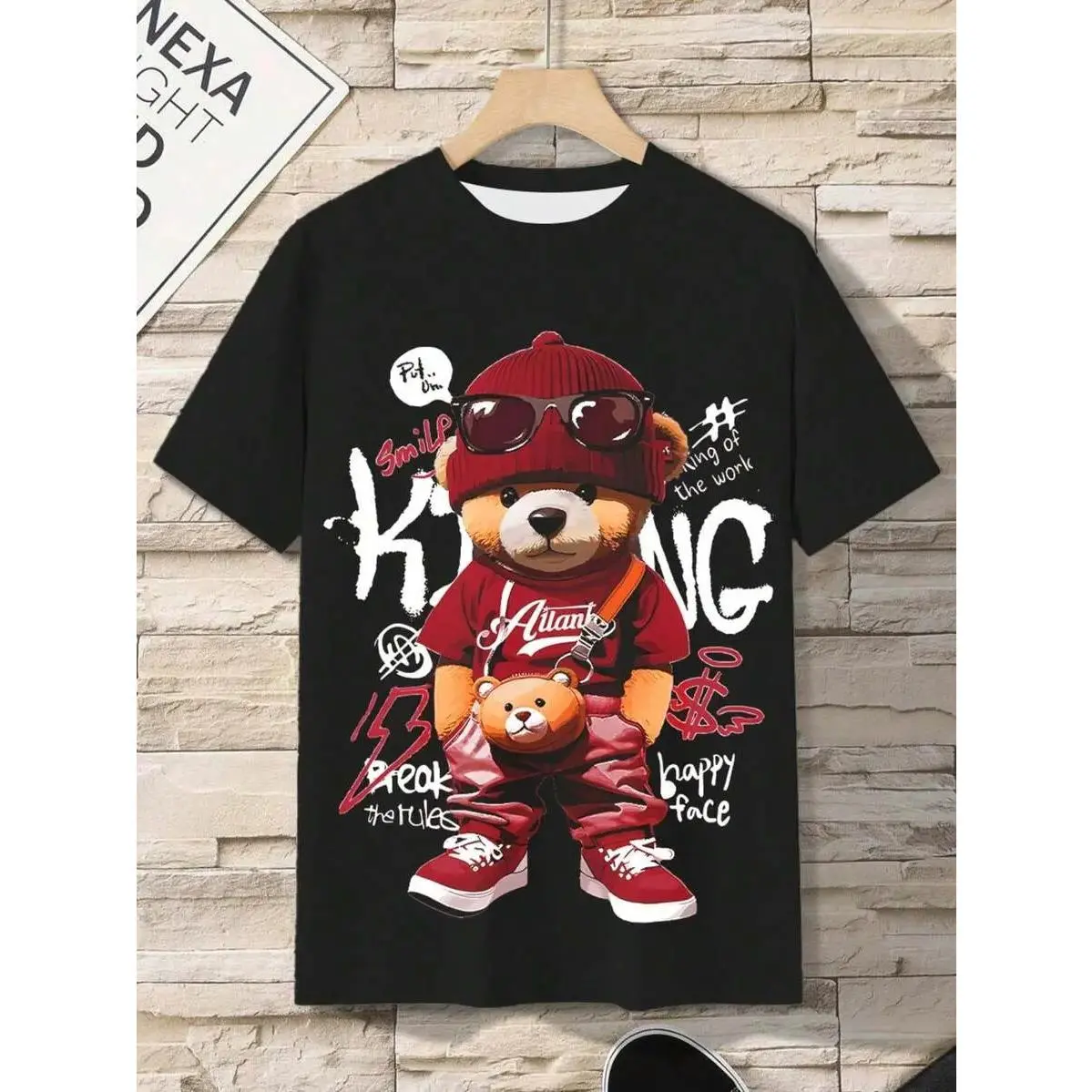 Punk Bear 3D Digital Print Cartoon Bear Pattern Men's T-Shirt, Comfortable Short Sleeve Pullover Top, Men's Outdoor Clothing