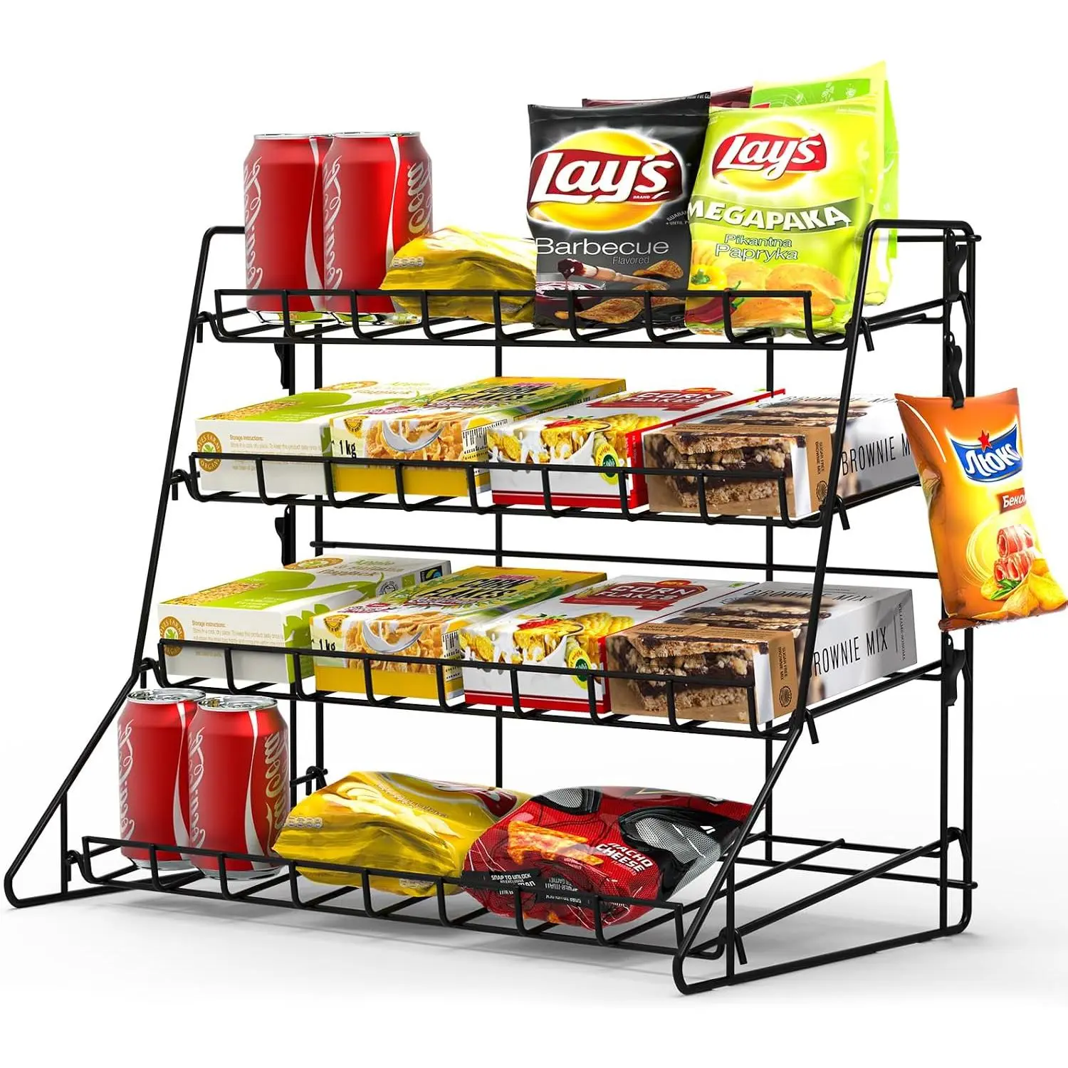 Black Metal Retail Display Rack - Countertop Snack Organizer Shelf, Merchandise Display Stand for Retail Store Supplies,  Theatre Concession Stand