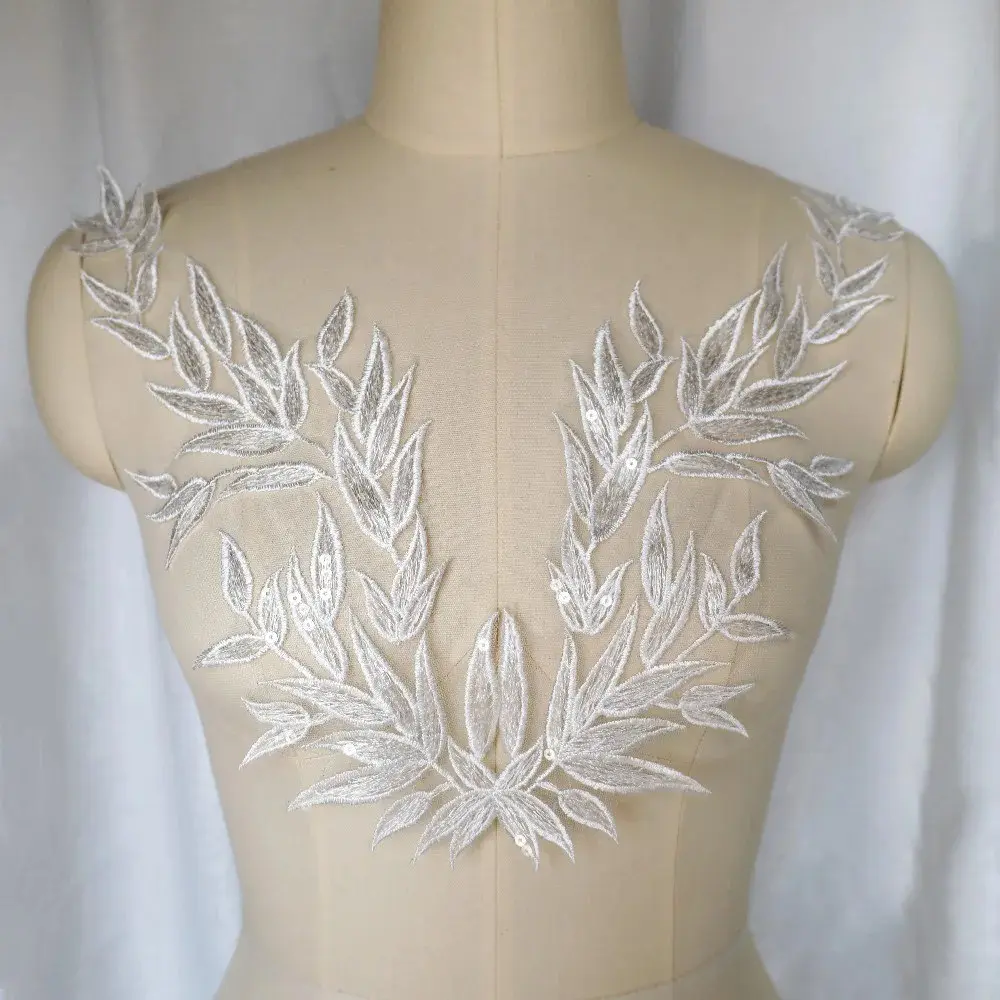 1 Pair White Leaf Leaves Lace Fabric Sequin Embroidered Party Gown Appliques Collar Sew Patches For Wedding Dress Clothes Decoration DIY