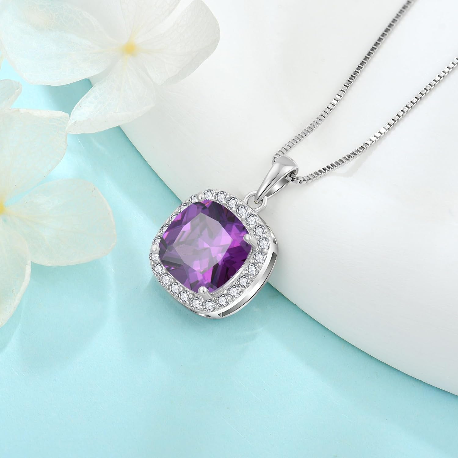 Birthstone Necklace for Women 925 Sterling Silver Princess Cut Halo Necklace Pendant Jewelry Gifts for Her