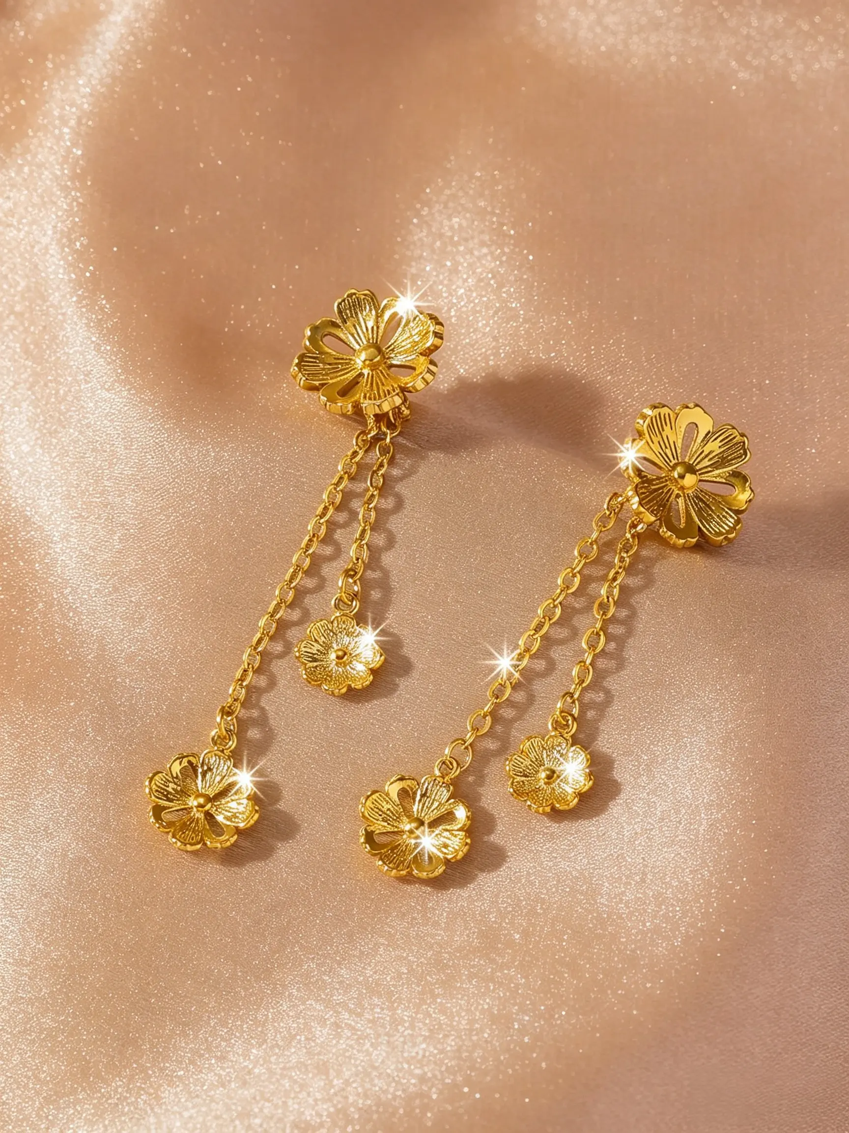 24k Gold Plated Vintage Three-Flower Long Chain Dangle Earrings, Romantic Floral Pendant Jewelry for Women, Perfect for Weddings and Parties