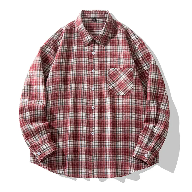 Men's Stylish Vintage Checked Long-Sleeves Button-Down Shirt, Oversized Loose Fit with Chest Pocket, Lightweight Menswear Layered Top for Spring-Autumn Street Casual Outfit, Longsleeves, Fashion, Polyester