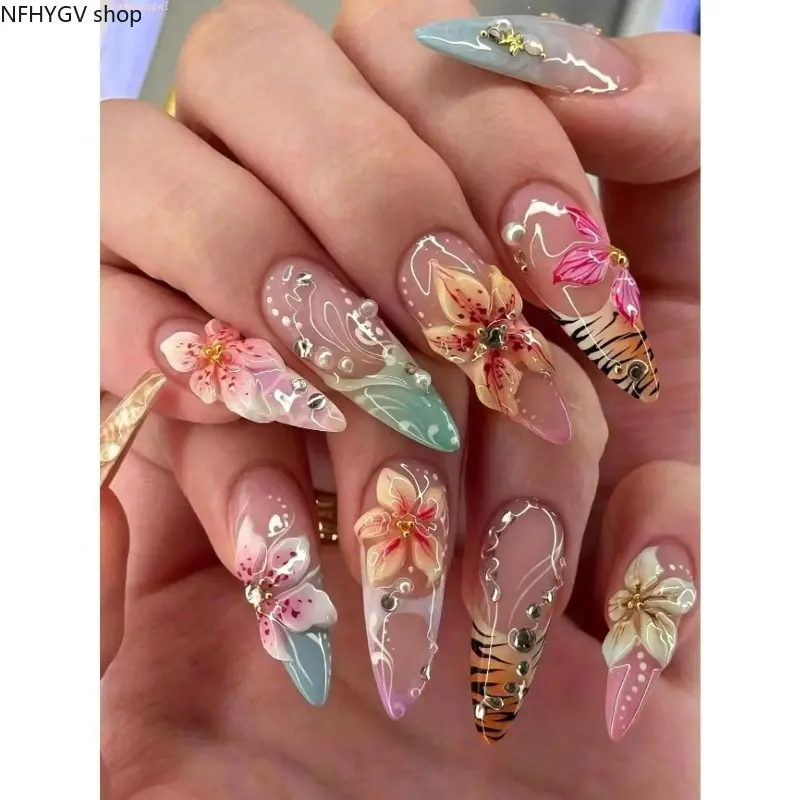24Pcs Long Almond Press On Nails, 3D Embossed Flower & Tiger Pattern Fake Nails Decorated With Rhinestone & Pearl Ornaments, Trendy Y2K Gyaru Style Reusable Acrylic Nail Tips Ideal Glam Accessory For Party And Festival Makeup Matching