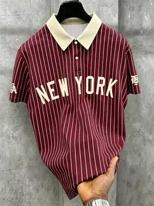 Men's Vertical Stripes Polo Shirt, Vintage New York Letter Print, Collar, Double Button, Loose Fit, Casual Short Sleeve Top