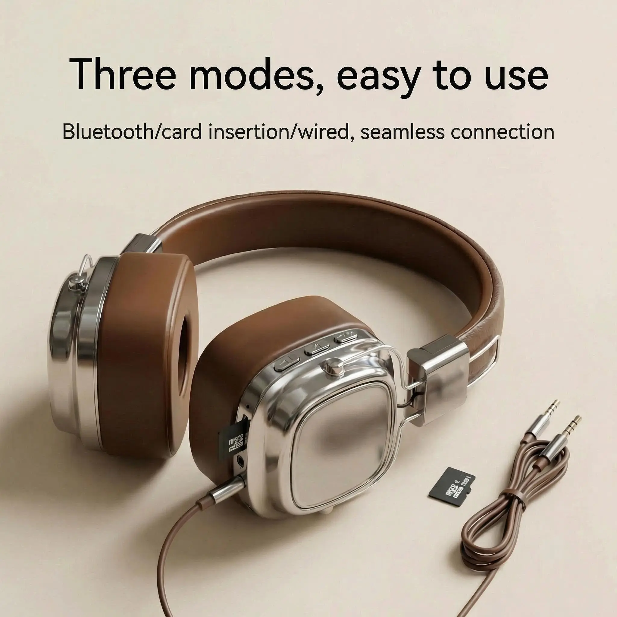 Retro Leather Over-ear Headphones  Bluetooth 5.3 Foldable  Cancelling Stereo Music Headset With Cable For Phone PC enc noise electronic earphone true wireless freedom