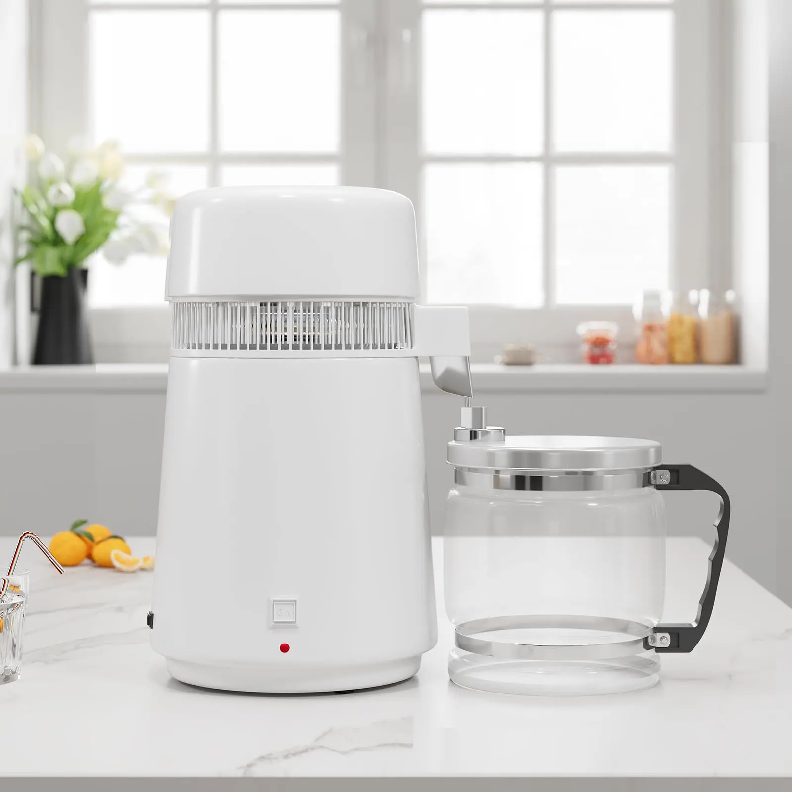 4L (1.06 Gallon) Countertop Water Distiller, 750W, White Plastic Housing, Glass Pot, 110V US Plug