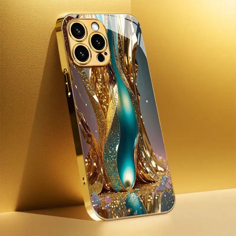 Phone Case: Golden Blue Streamline Sequin Accent New Electroplated Gold Tempered Glass Phone Case for iPhone 17/17 Pro/17 Air/17 Pro Max/16/15/14/13/12/11 and Galaxy S20/S21/S22/S23/S24/S25/S26/A05S/A14/A15/A16/A24/A25/A26/A34/A35/A36/A53/A54/A55/A56