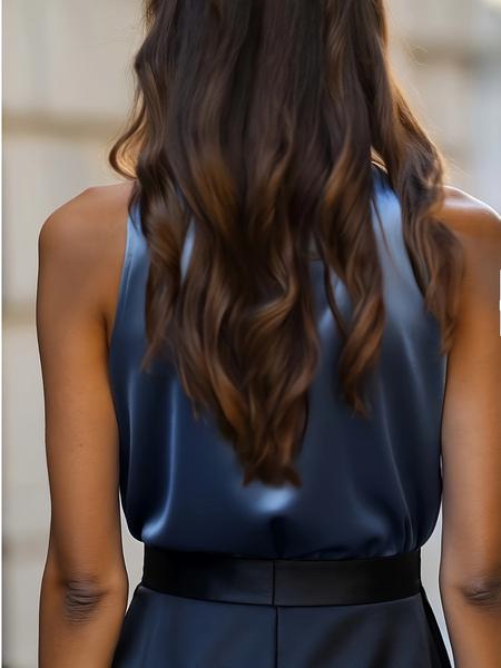 Women's Fashion Elegant Satin Blouse, Stylish Colorblock Design, Perfect for Parties & Special Occasions, High-Quality Fabric