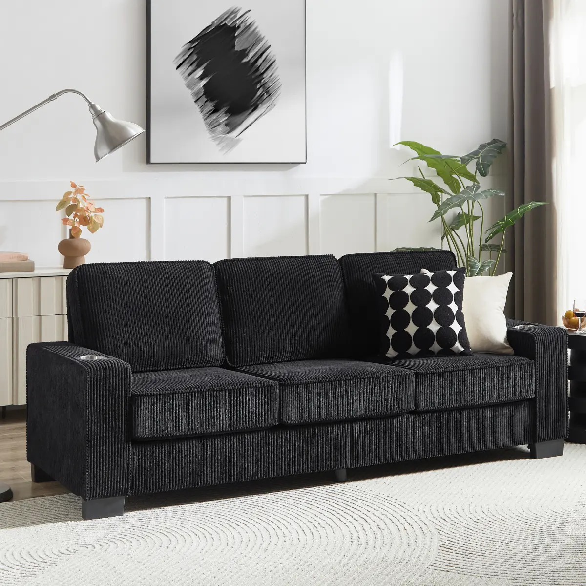 83.86" Corduroy Fabric 3-Seater Sofa - Modern Compressed Couch, Indoor Furniture for Living Room, Office (Black), Three Seats
