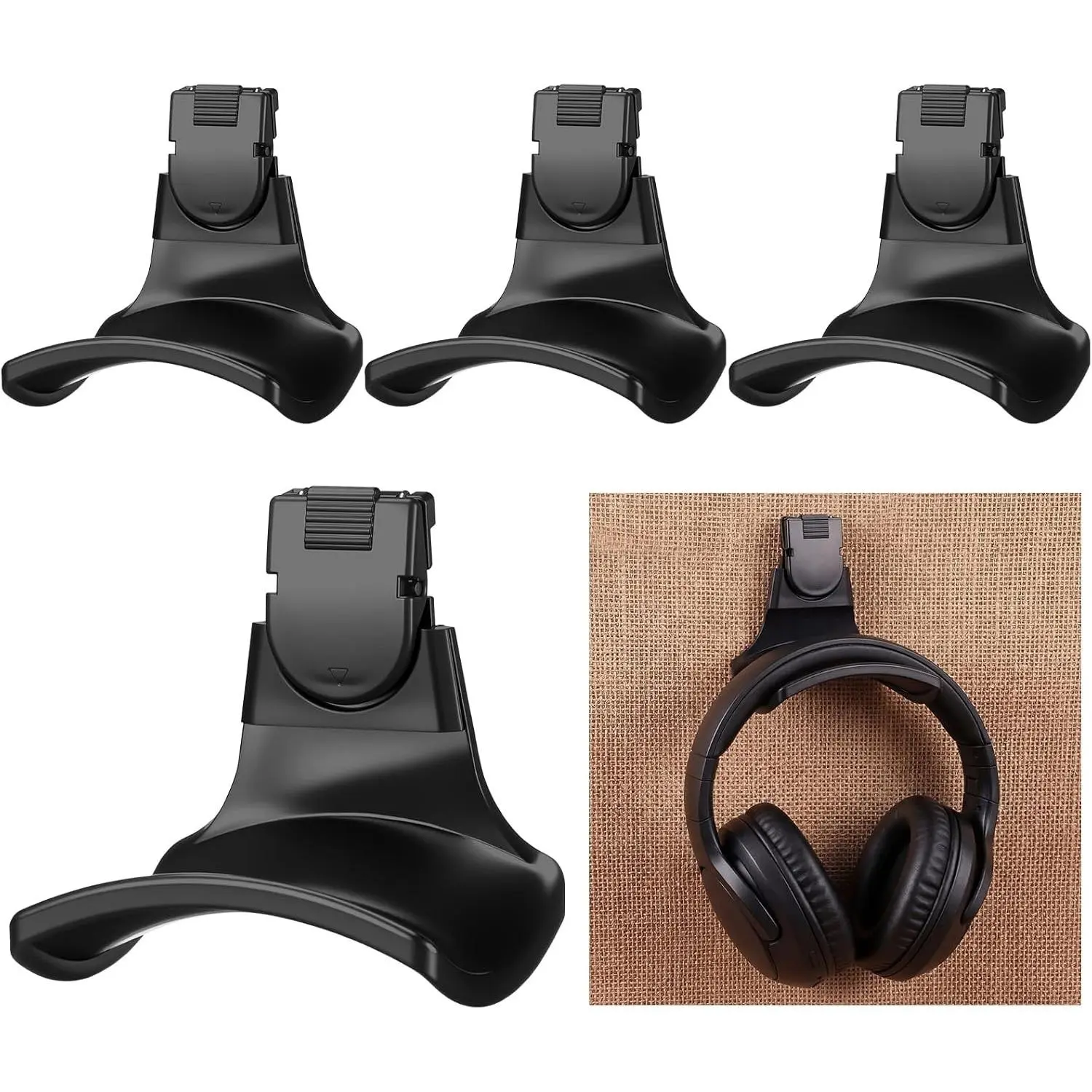 4-Pack Plastic Headphone Hooks for Holding Headsets, Wall Mounts & Desk-Mountable, Durable Fabric-Mounted Stands for Office Users, Office Cubicle Desk Organization Accessories, Black