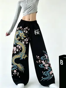 Unisex Japanese Tiger Dragon Cherry Blossom Print Sweatpants, 1/2 Pack TikTok Viral Harajuku Streetwear, Elastic Waist Drawstring Wide Leg Pants,Vintage Ukiyo-e Style Loose Joggers,Japanese Kanji Graphic Casual Pants, Urban Fashion Sakura Print Pants