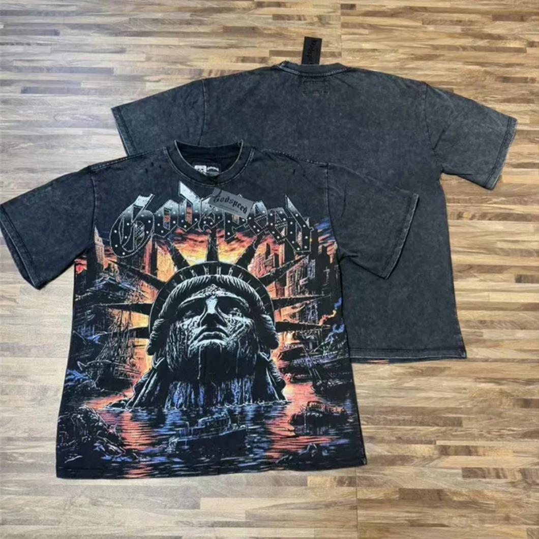 Real Photo Original Label Ripped Hot Drill Godspeed Short Sleeves T Shirt American Cotton Vintage Washed Rhinestone Bling Oversized Loose Unisex Round Neck Streetwear Hip Hop Y2K Casual Tops Tees With Tags For Men Women