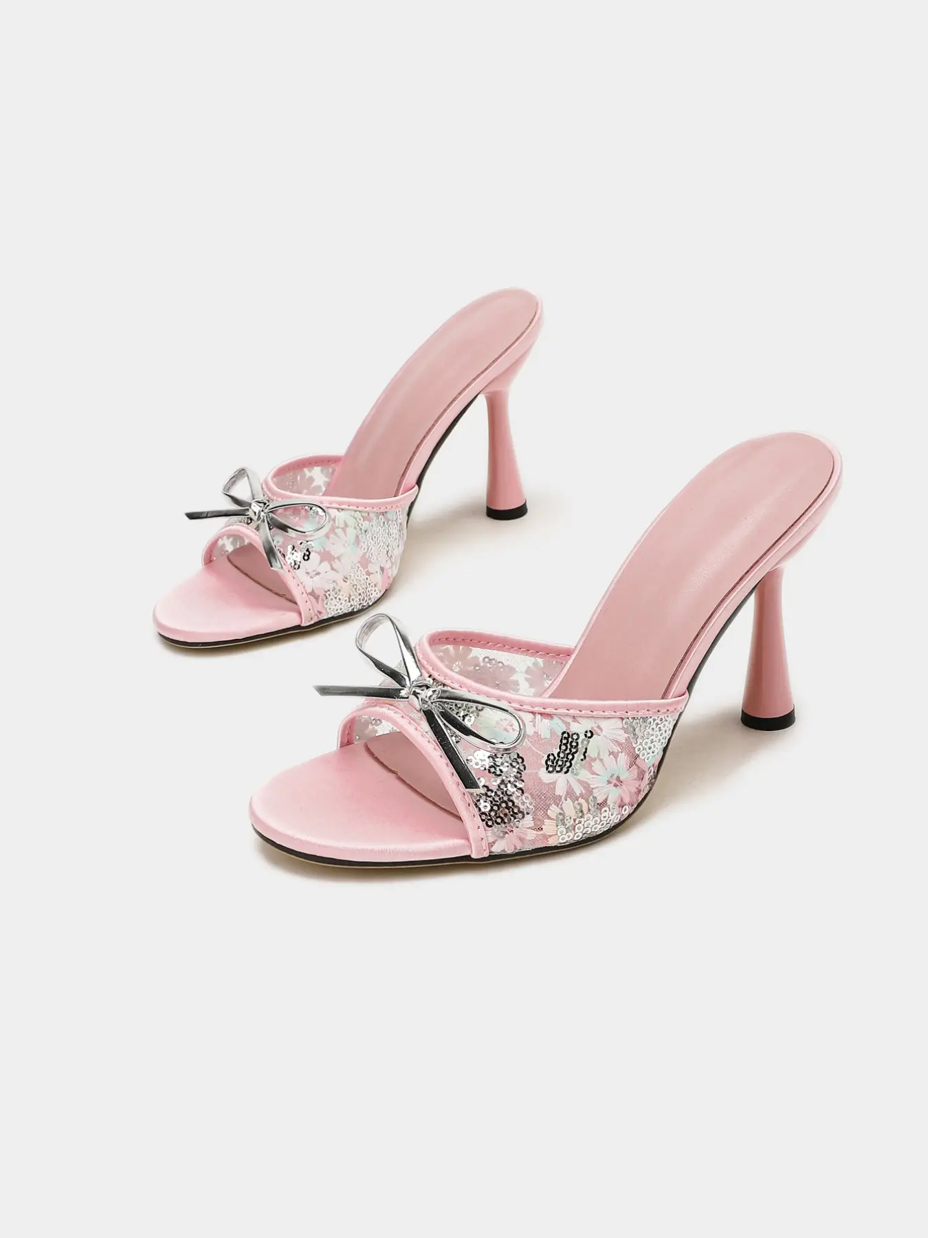 Elegant Ditsy Floral High Heels, Bowknot Design Sandals, Open Toe Silver Color Bow, Textile Upper, Perfect for Tea Parties & Semi-Formal Events