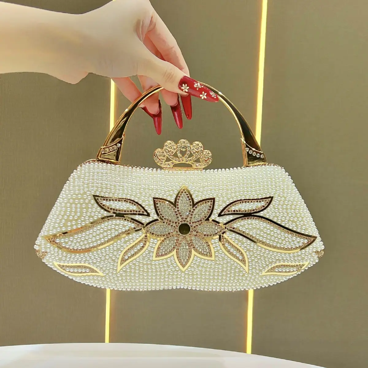 Pearl Floral Rhinestone Evening Clutch Bag Women Metal Handle Crossbody Purse Wedding Bridesmaid Formal Handbag