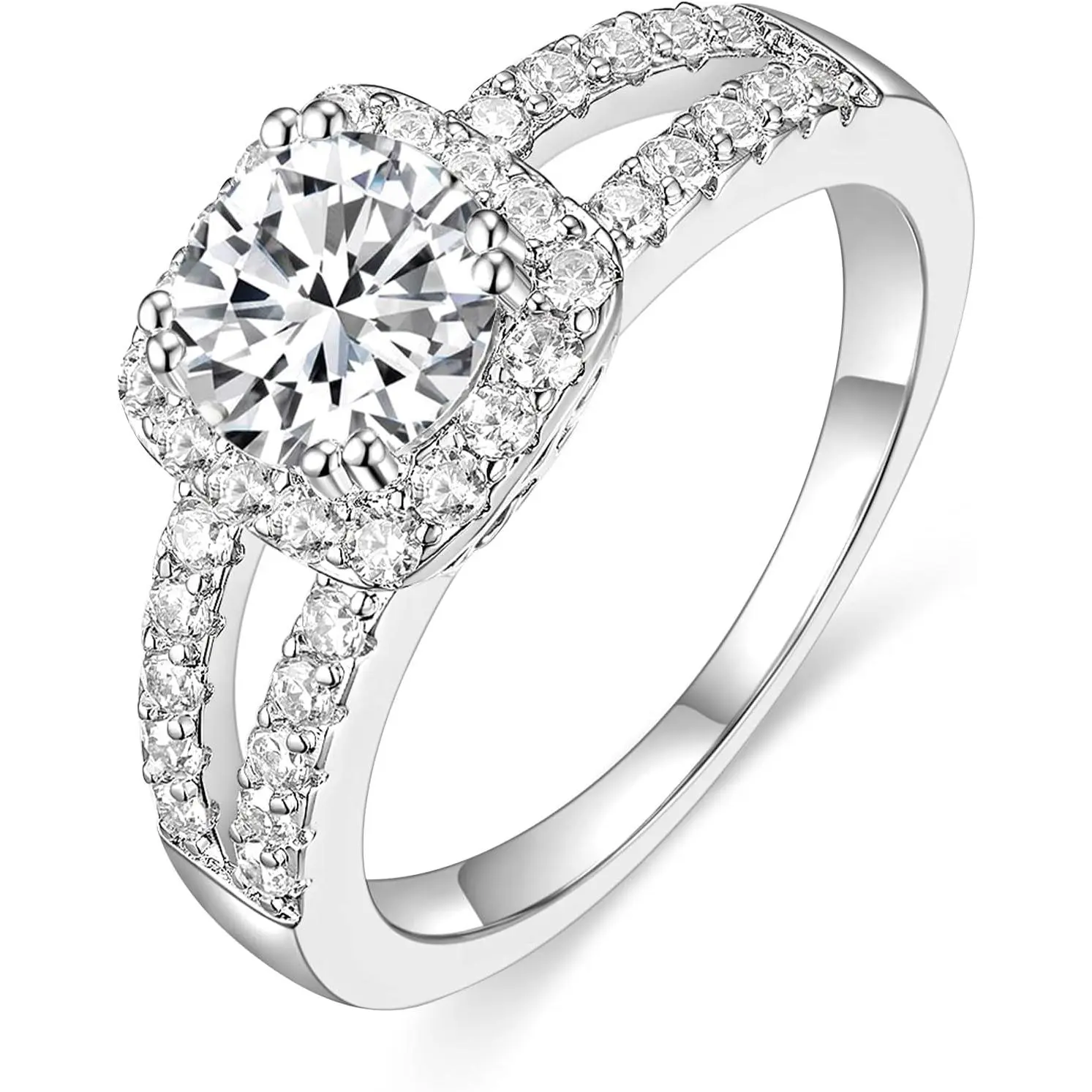 Women's Modern Synthetic Cubic Zirconia Engagement Ring - 2CT Round Cut, Double Prong Setting, Pave Halo Design, Brilliant Sparkle, Sizes 3-12, for Wedding, Anniversary
