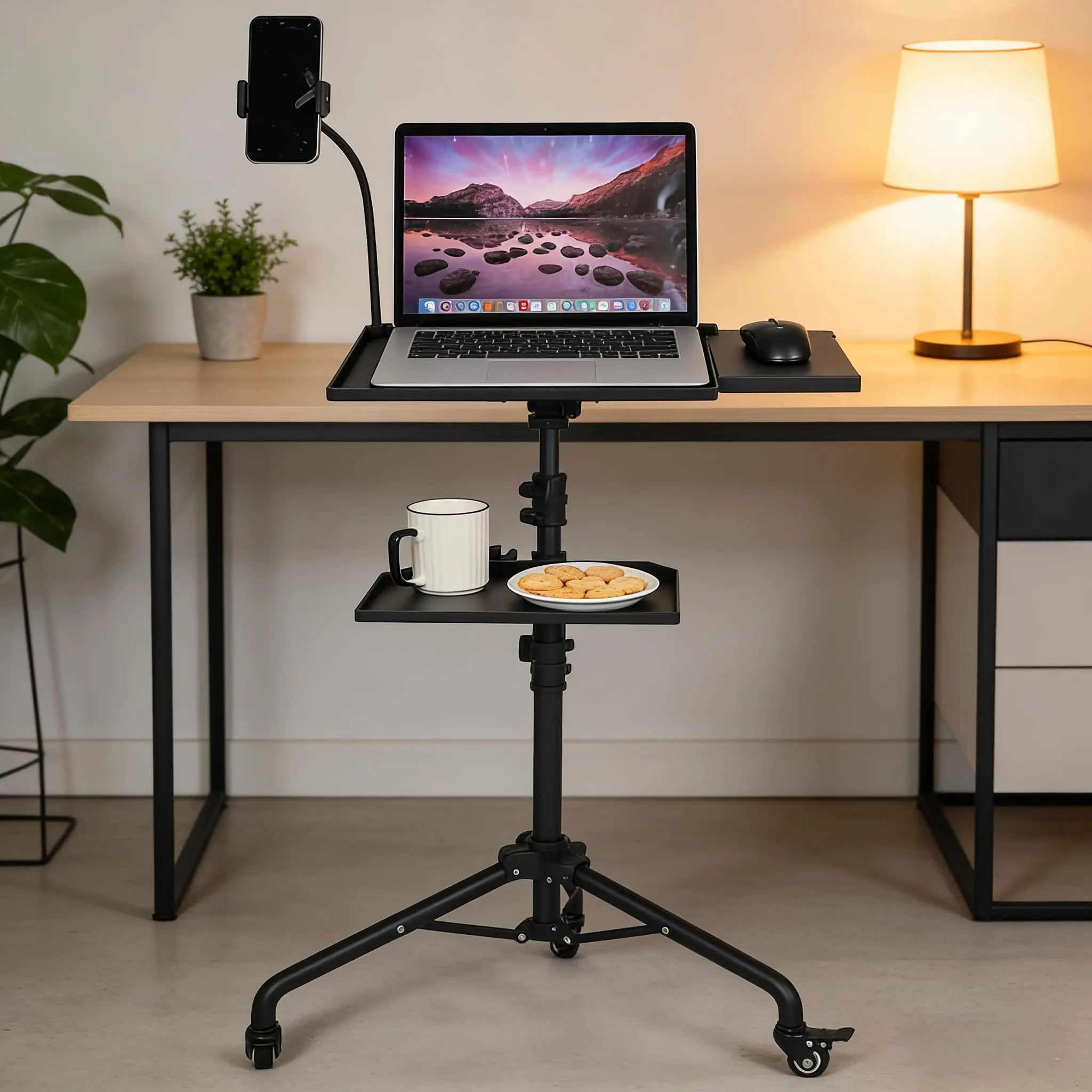 Adjustable Laptop & Projector Stand with Wheels – Dual Shelves, Mouse Tray, Phone Holder – Rolling Tripod Floor Stand – Height 23-49 Inch – For Office, Home, Presentations, Music