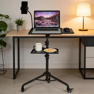 Adjustable Laptop & Projector Stand with Wheels – Dual Shelves, Mouse Tray, Phone Holder – Rolling Tripod Floor Stand – Height 23-49 Inch – For Office, Home, Presentations, Music