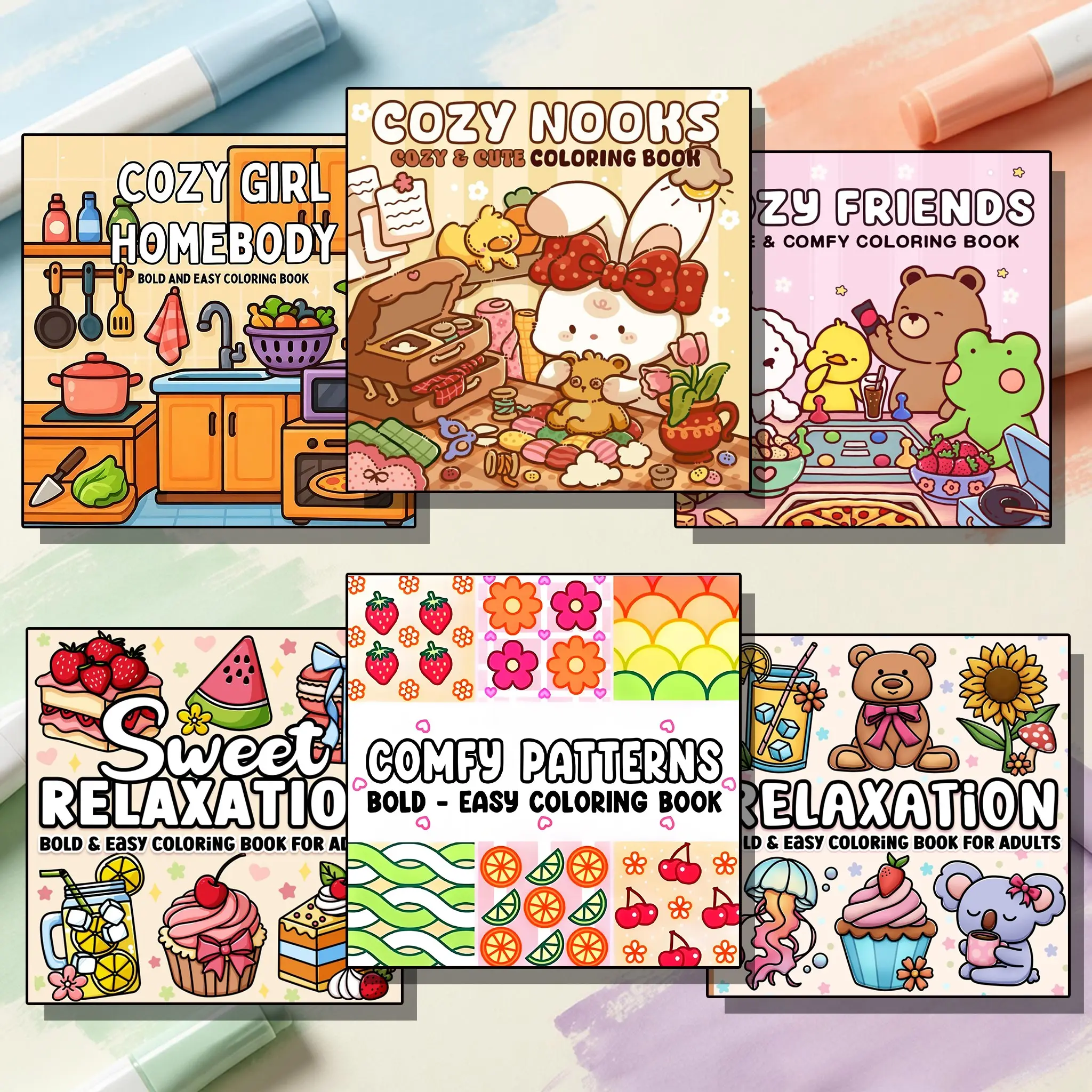 3/6-Piece Cute coloring book set, Diy coloring pages, Cute little animals and desserts, A coloring gift book designed for children, teenagers and adults, ideal artistic tool for daily drawing, travel and bedtime activities, Halloween gift