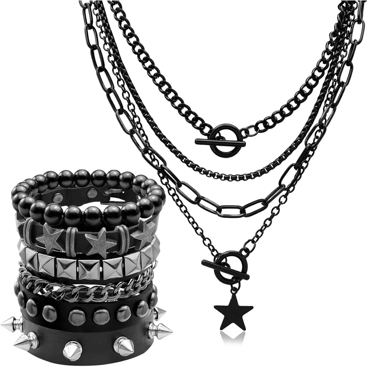 5 Pcs Layered Star Grunge Emo Studded Bracelets Goth Necklace Set for Women Men Y2K Star Guitar Gothic Choker Punk Rock Spiked Leather Bracelets 80s Emo Accessories Y2K Goth Jewelry Gifts