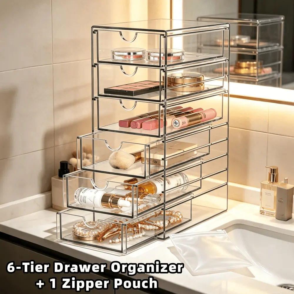 1/2pcs (Half Unit) 6-Tier Transparent Acrylic Storage Box with Zippered Pouches - Freestanding/Desk-Mountable Drawer Suitable for Cosmetics, Medication, Jewelry, Stationery - Compact Vanity Box for Home, Dorm, Office