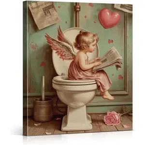 Cute Cupid Valentine's Day Bathroom Canvas Wall Art Cupid on Toilet Poster Picture Wall Decor Valentines Day Painting for Home Bathroom Washroom Toilet Decoration, 8x10 Inch