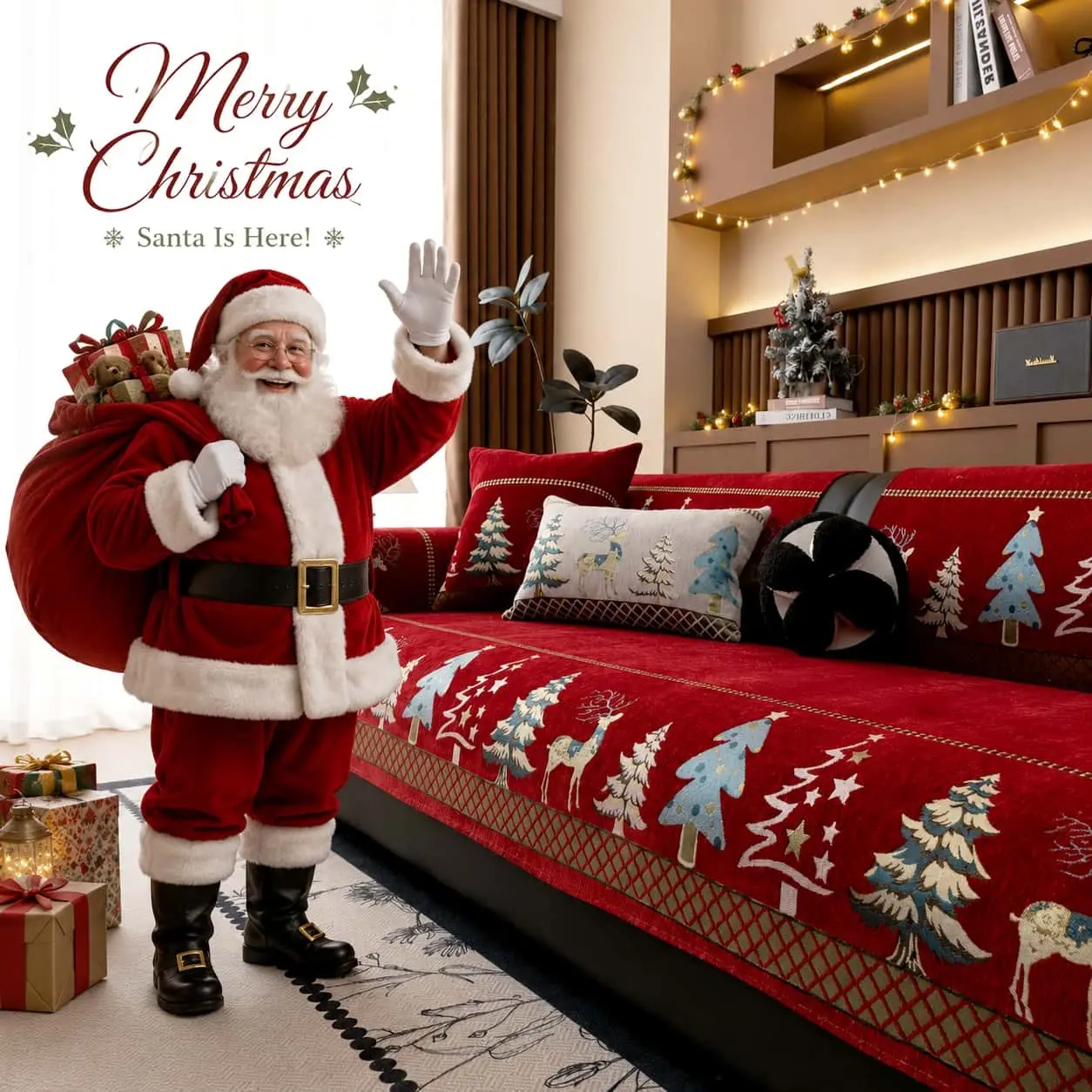 Holiday Sofa Cover, 1 Piece Christmas Couch Seat Cover, Pet-Friendly Furniture Protector, Non-Slip & Machine Washable Couch Cover, Washable Sofa Slipcover for Sectional Sofas, Loveseats, Recliners and 1-4 Seater Couches.