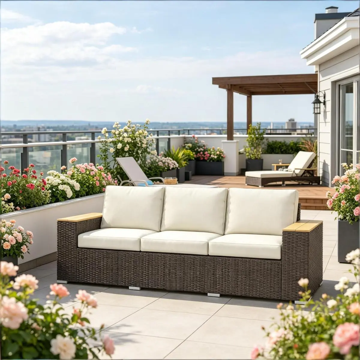 Aobtkel Beige 3-Seat Classic Large Outdoor Patio Sofa - Handwoven PE Wicker Couch with Wood Grain Accents, Extra Wide Deep Seats for Friends, Pool, Casual Garden, Atrium Use