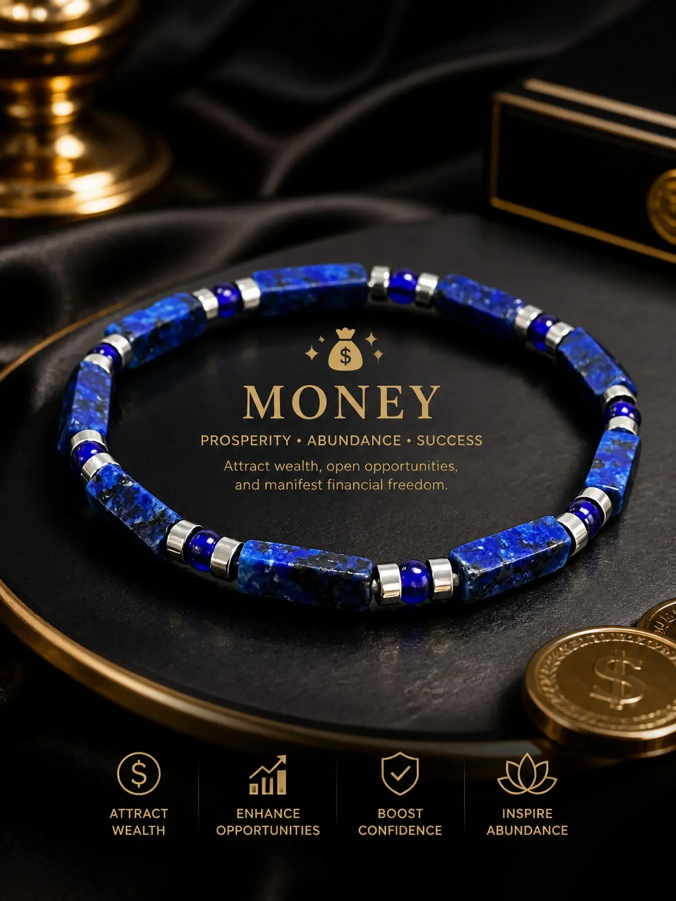 Lapis Lazuli Beaded Bracelet for Men Women, Deep Blue Stone Bracelet with Meaningful Design, Stylish Everyday Jewelry Gift for Luck & Confidence, Manifest Financial Freedom