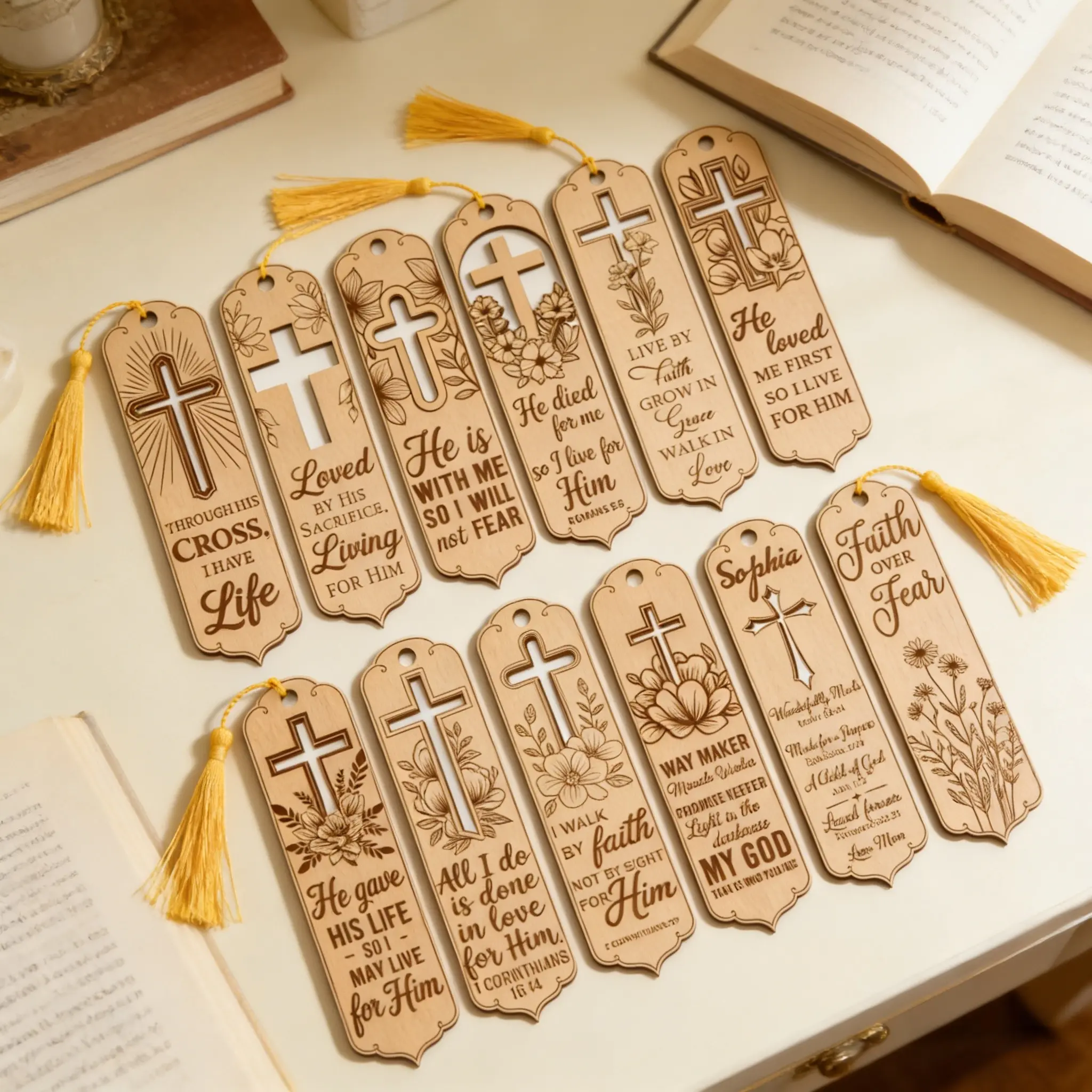 Gift for Her/Him 24pcs/Pack Christian Wooden Bookmarks with Tassels, Party Pack Laser Engraved Cross And Bible Verse Wood Page Markers, Religious Bookmarks for Book Lovers, Church Gifts, Baptism Favors