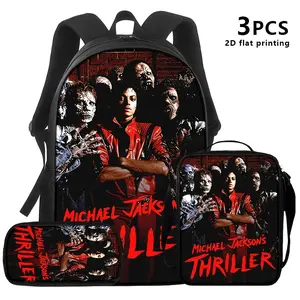 Water Resistant 3-Piece Backpack Set, Michael Jackson Thriller Zombie Brick Wall Vintage Print School Bag with Insulated Lunch Bag & Pencil Case, Breathable Padded Straps, Fits 15-inch Laptop Oxford Travel Kit