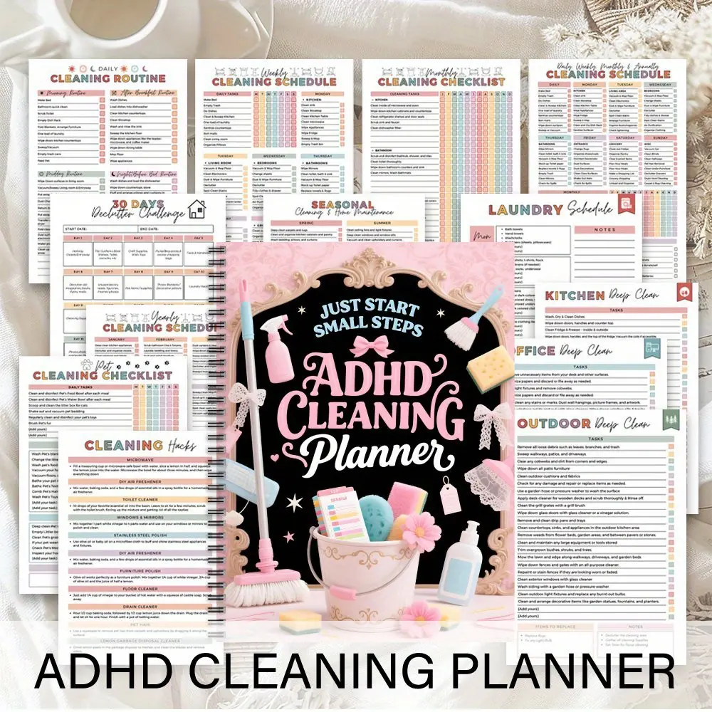 ADHD Cleaning Plan Book (Screw Binding) - Color Coded Cleaning Schedule, Daily/Week/Month/Year Planner, Day Planner, Household Checklist, Productivity Plan and Cleaning Record for Home, Office, Housewife and Mom