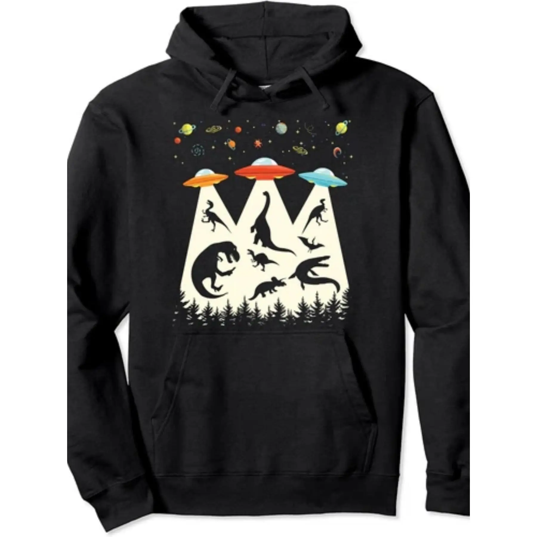 Men's Fun Dinosaur UFO Alien‑Abduction Hoodie‑Retro Sci‑Fi Hooded Sweatshirt with Dinosaur and Spaceship Prints, Casual Streetwear for Daily Wear