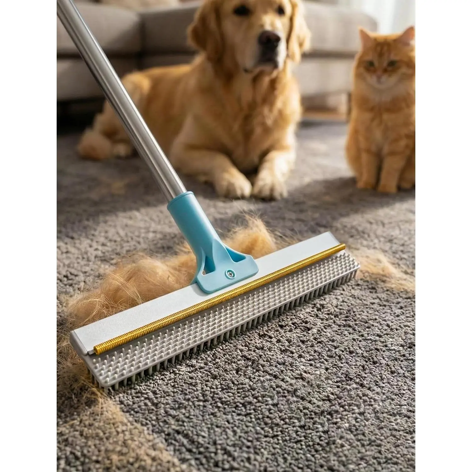 Carpet Rake for Pet Hair Removal, Carpet Scraper Broom with 54” Adjustable Long Handle, Dual-Sided Metal & Silicone for Carpets, Rugs, Shag Rugs & Hard Floors