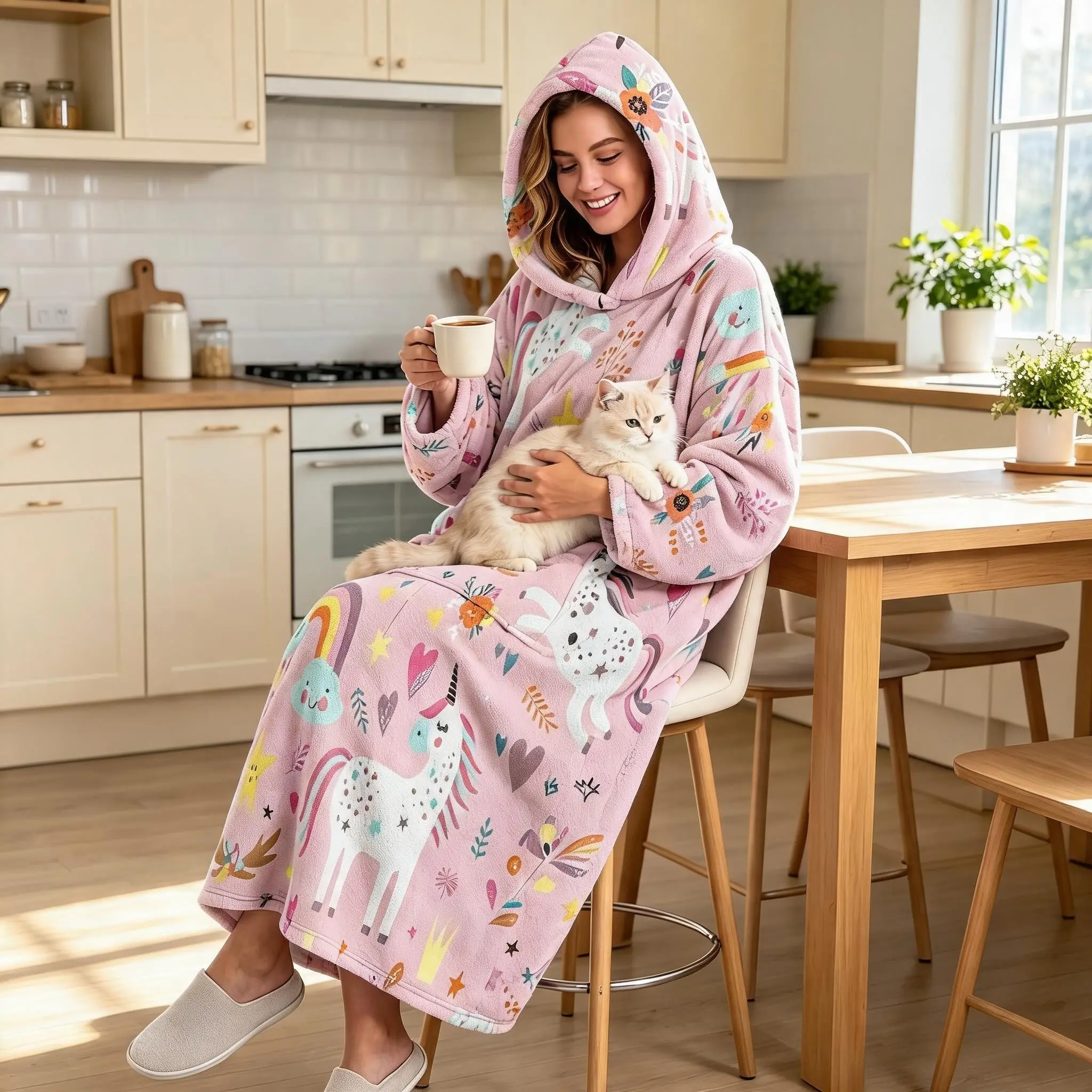 Flannel Hooded Wearable Blanket, Unicorn Rainbow Stars Print, Long Sleeve with Large Pockets, Girls' Cozy Sleepwear, Halloween Gift