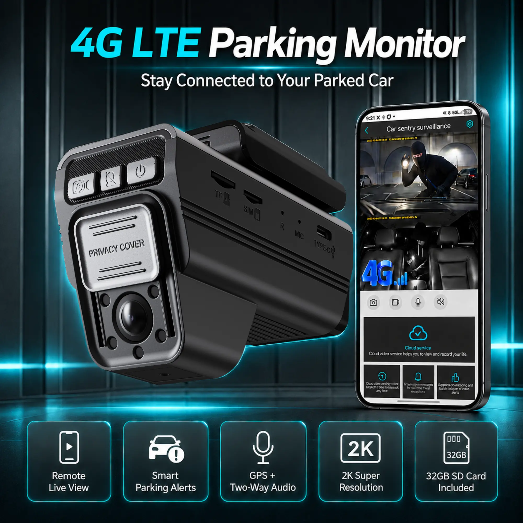 DeerAsk 4G LTE Dash Cam for Cars with Remote Live View, GPS, Parking Alerts, and Dual-Camera Recording