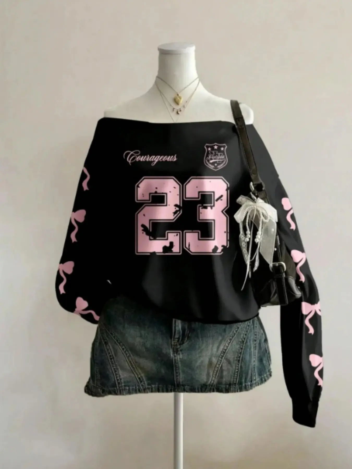 Off Shoulder Number 23 Bow Sleeve Graphic Sweatshirt，Coquette Aesthetic Vintage Distressed Letter Oversized Long Sleeve Pullover，Slant Neck Loose Fit Cute Casual Streetwear Tops For Wom