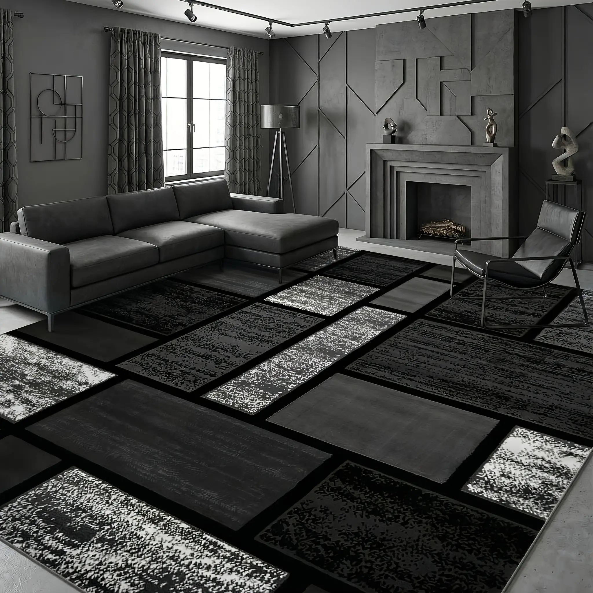 1pc Luxury Grey-Black Modern Boho Geometric Rug - Thickened Large Rectangular Design for High-Traffic Areas & Bedroom, Machine-Washable Soft Material with Non-Slip Backing