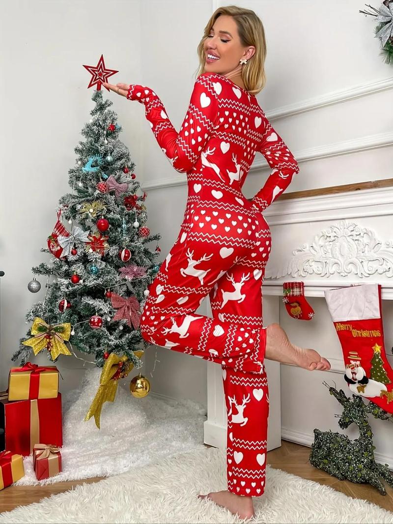 Women's Christmas Themed Print Button Front Lounge Jumpsuit, Casual Comfy Long Sleeve V Neck Jumpsuit, Ladies Sleepwear for Fall & Winter Pajama Onesies