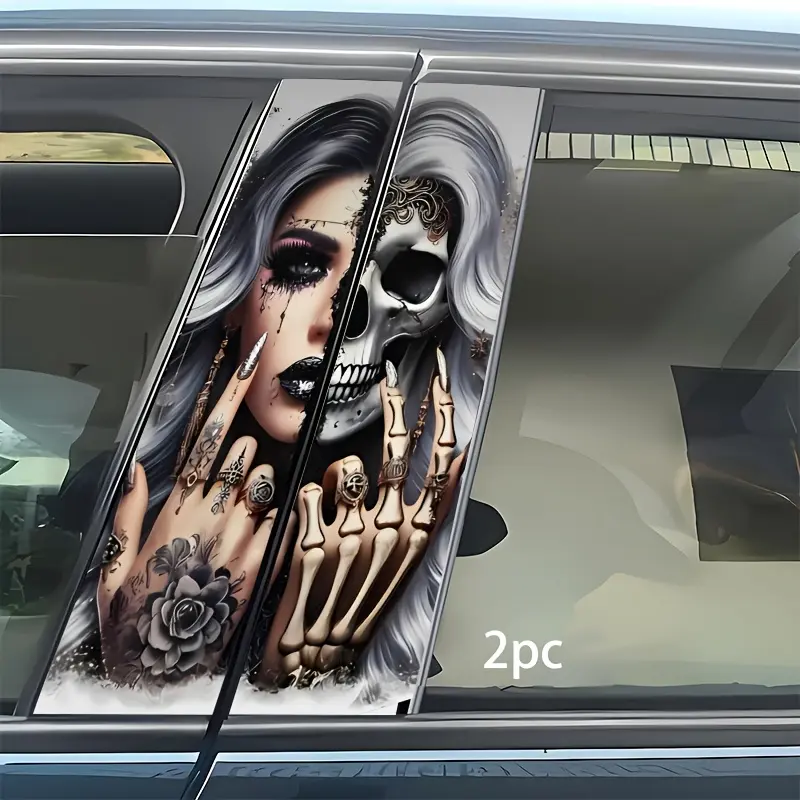 2pcs Bone And Girl Vinyl Car Stickers - Waterproof, Scratch-Resistant, Self-Adhesive Car B-Pillar Film, Covers Scratches, Smooth Surface, Suitable for Stylish Car Exterior Decoration, Scratch-Resistant Film | Bone Design | Durable Vinyl Sticker