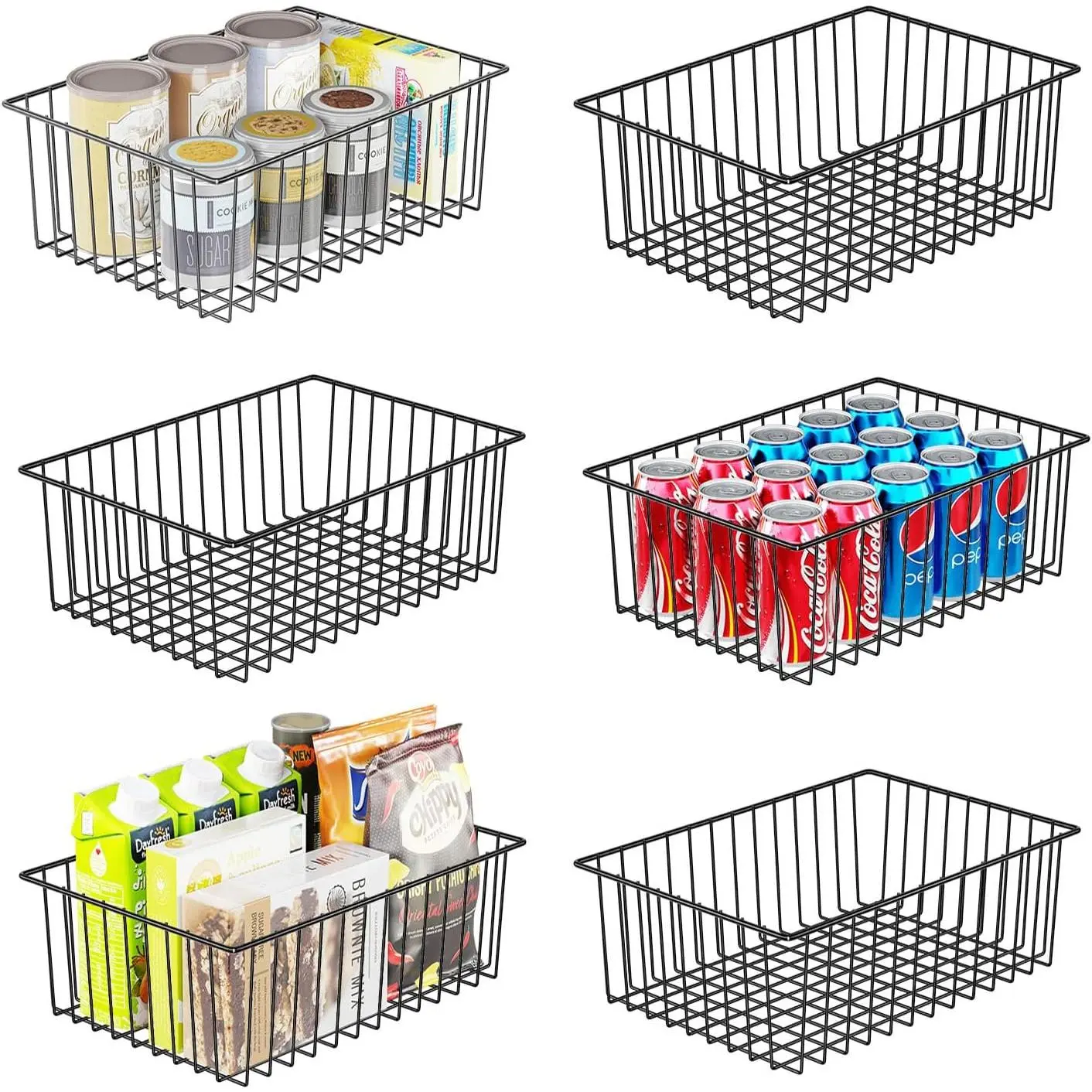 6 Pack Large Wire Baskets for Organization, Metal Pantry Storage Baskets for Cabinet, Kitchen, Garage, Bathroom, Black