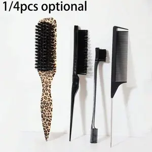 4/1Piece Luxury Leopard Print Nylon Brush & Comb Set - Create Exquisite Hairstyles, Parting, Layering, Updos, Hair Tying, Back Combing, Detangling & Smoothing - Odorless, Gentle & Easy to Clean