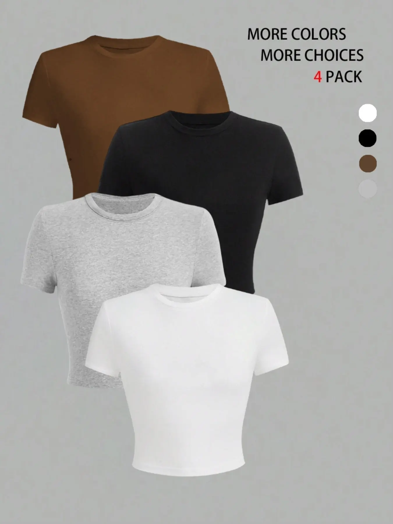 Four-Pack Basic Round Neck Short Sleeve T-Shirts for Women, Slim Fit Stretch Skinny Solid Color Crop Top, Fashion Casual Daily Wear Tee