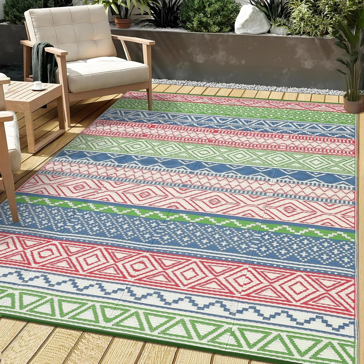 Waterproof Outdoor Plastic Straw Rug - Reversible Bohemian Patio Carpet for Camping, Pool, Yoga Exercise Use, All-Seasons Fit for RV, Camping Tent