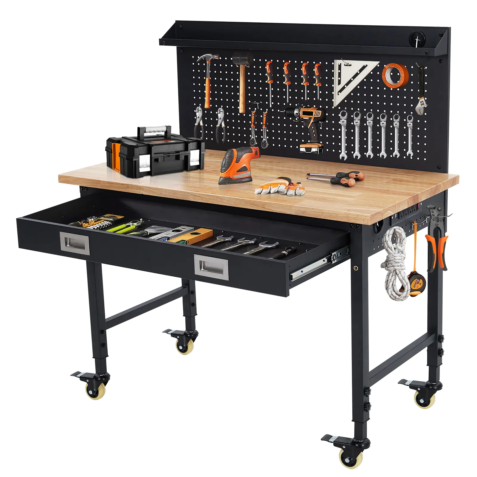 Heavy-Duty Adjustable Height Rolling Workbench, 48 x 24 Rubberwood Top, 2000 lb Capacity - Drawer Storage, Pegboard Backplate, Built-In Power Outlets, Hooks, Locking Casters