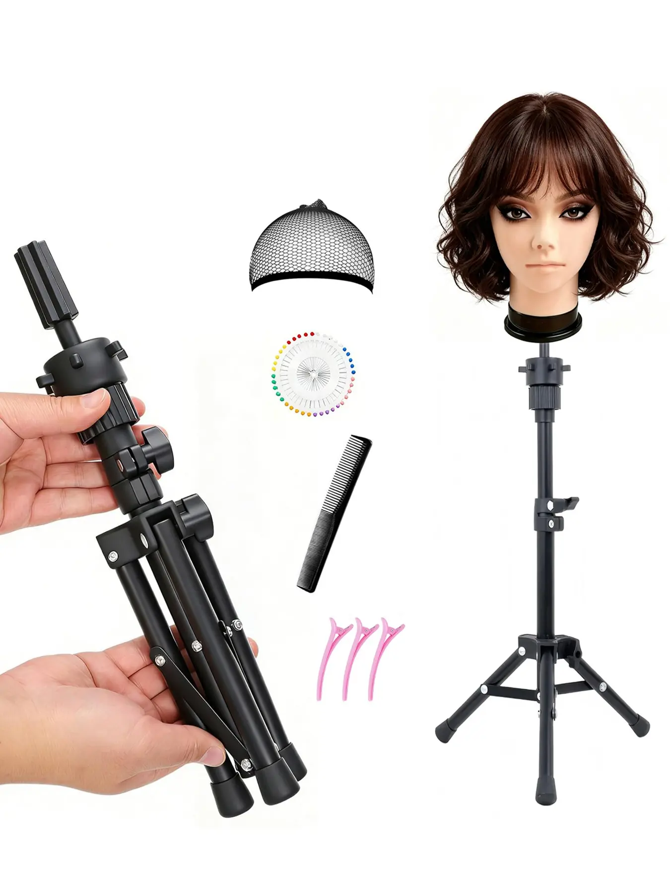 Wig Stand Tripod, 57cm Adjustable Mannequin Head Stand, Reinforced Wig Stand Tripod for Mannequin Heads ，Wig holder for beauty use, hairdressing training - including colored positioning pins, combs, hairpins and hairnets (excluding head)