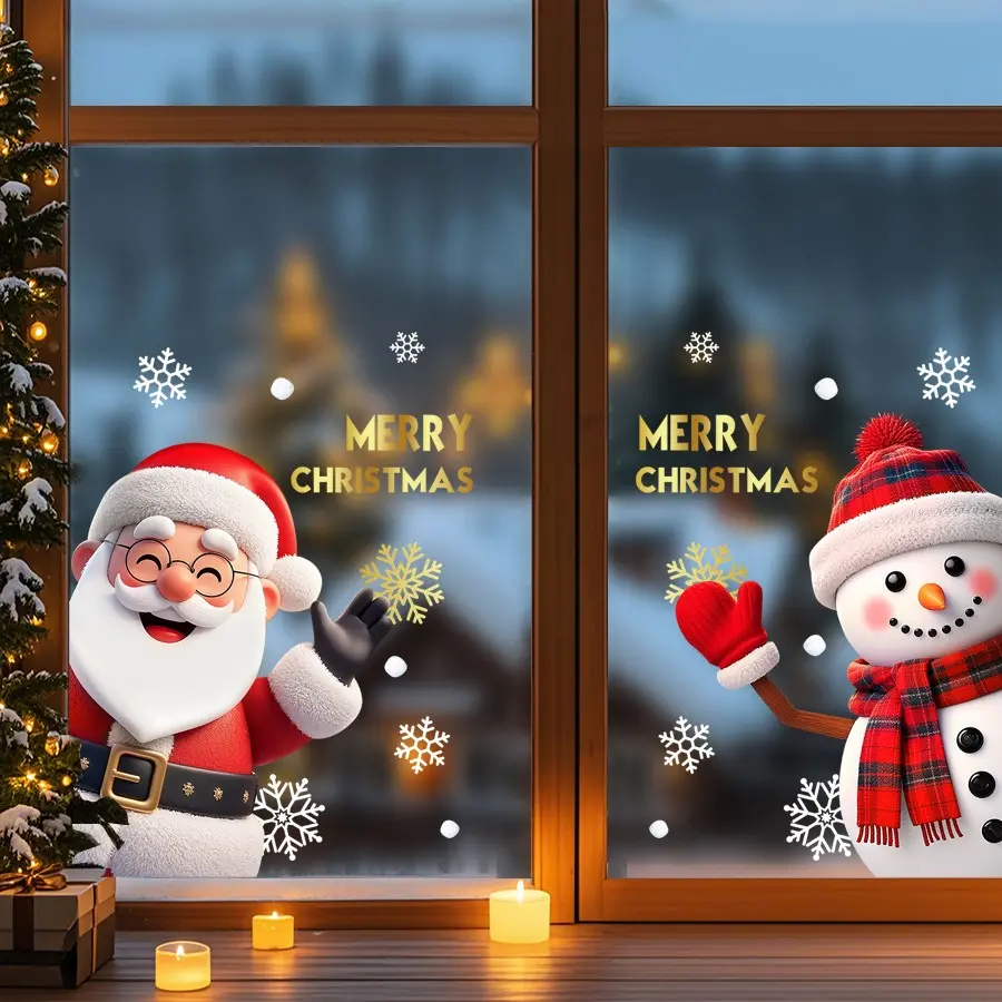 2 Sheets 45×60cm Christmas Static Window Clings, Cute Waving Santa & Snowman Golden Letter Snowflake Static Glass Stickers Set, Removable No Residue Xmas Decor for Home Store Windows