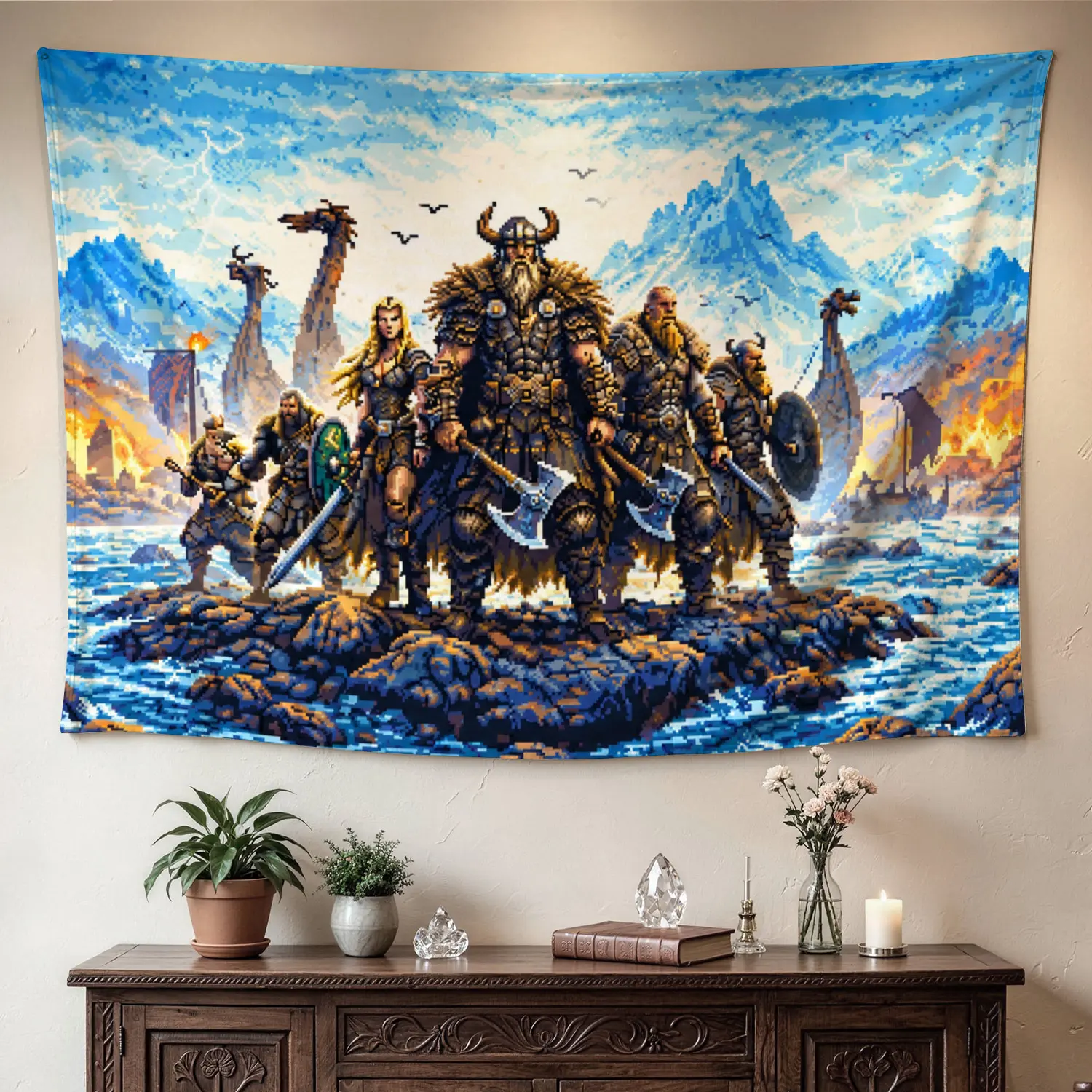 Viking Warrior Nordic Mythology Pixel Art Wall Tapestry - Multi-Size Large Horizontal Colorfast Polyester Wall Hanging, Decoration, Room Decorations for Living Room, No-Installation Family Gift Idea