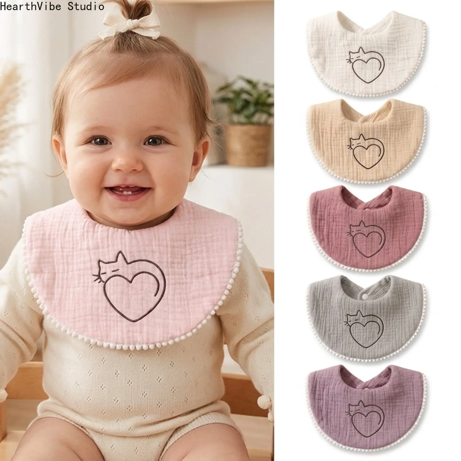 Cute Cat Embroidered Baby Muslin Bibs with Pompom Trim, Soft 100% Cotton Gauze Drool Bibs Multi Pack, Absorbent Teething Feeding Burp Cloths, Ins Style Infant Shower Gift