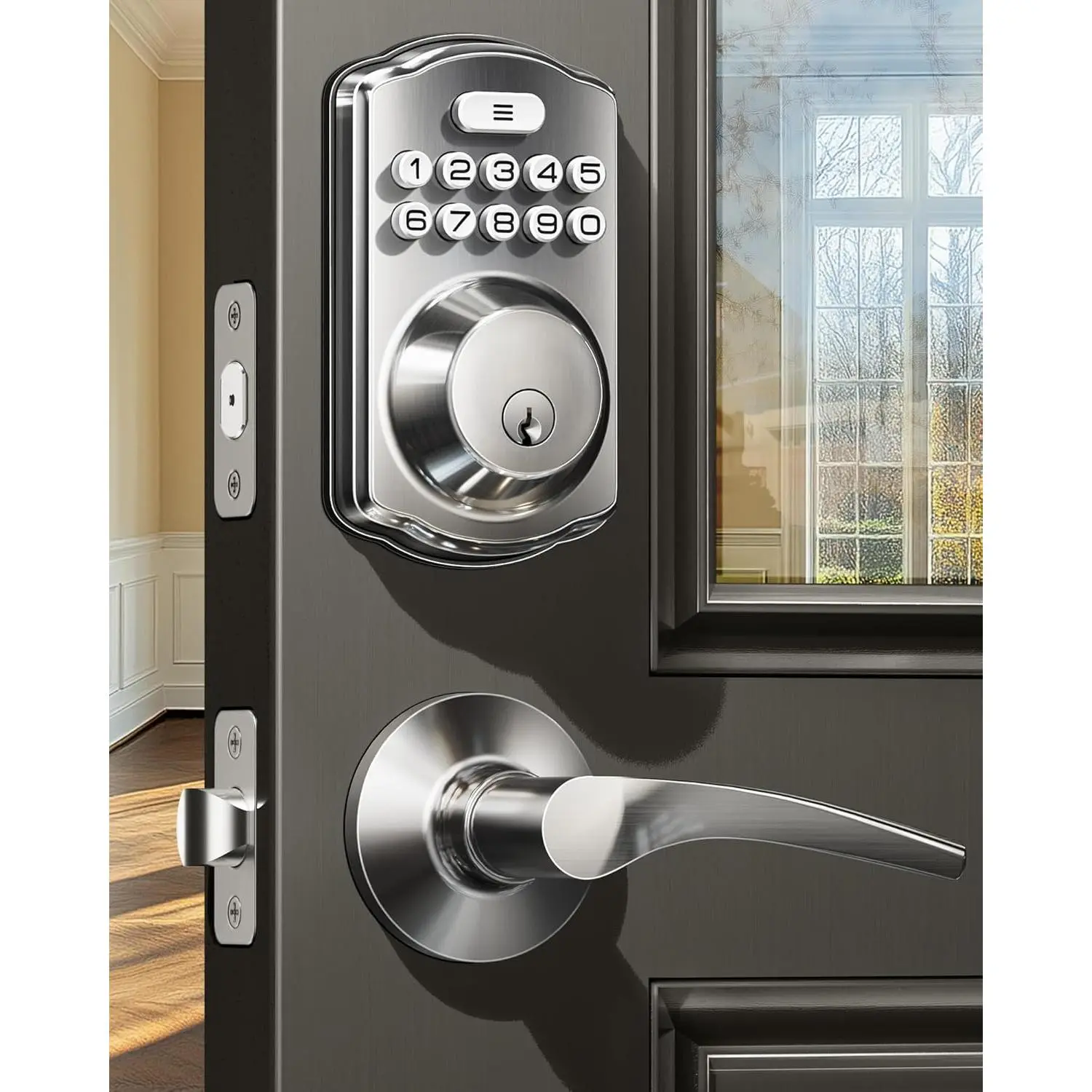 Keyless Entry Front Door Lock Set with 2 Lever Handles - Digital Keypad Deadbolt, Easy-Installation Electronic Smart Lock, Satin Nickel